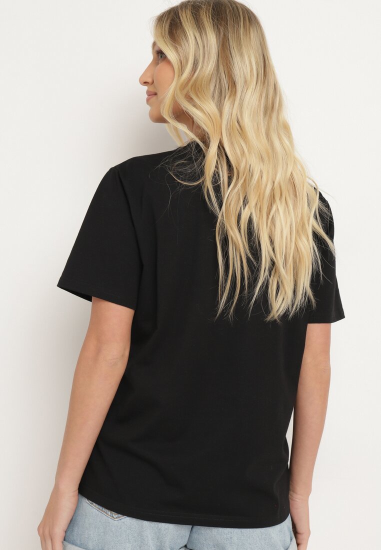 Czarny Bawełniany T-shirt z Krótkim Rękawem Ozdobiony Cyrkoniami Haravia