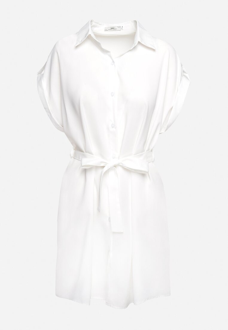 Biała Koszulowa Sukienka o Rozkloszowanym Kroju z Paskiem w Talii Vikiana