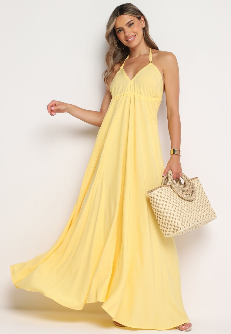 Żółta Rozkloszowana Sukienka Maxi z Wiązaniem na Szyi Cathenia