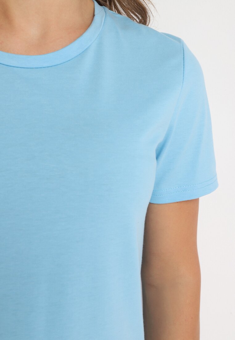 Niebieski Gładki T-shirt z Krótkim Rękawem Elldora