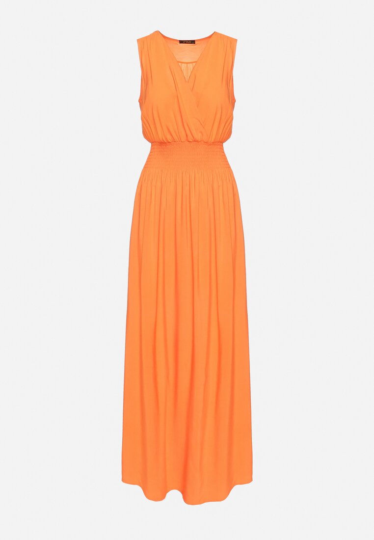 Pomarańczowa Wiskozowa Sukienka z Kopertowym Dekoltem i Gumkami w Talii Joridia