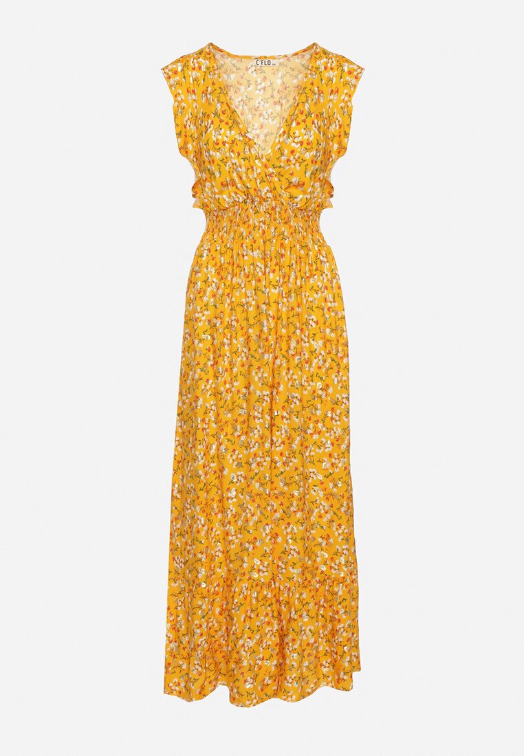 Żółta Wiskozowa Sukienka z Gumką w Talii z Kopertowym Dekoltem i Falbankami Voaladia
