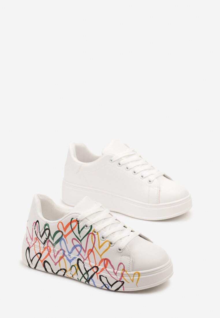 Białe Sneakersy Sportowe na Grubej Podeszwie z Ozdobnym Printem Vikisalli