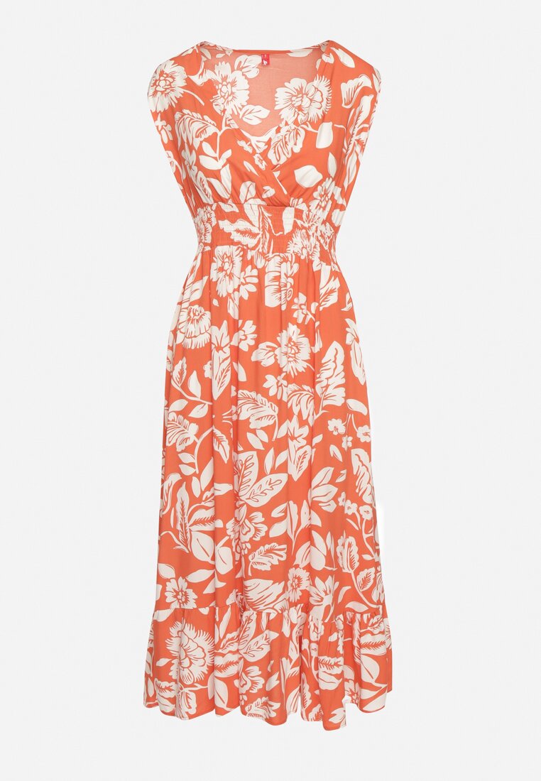 Pomarańczowa Rozkloszowana Sukienka z Wiskozy w Kwiaty z Gumką w Talii Eranea