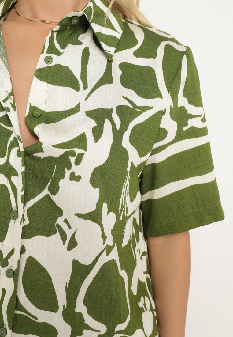 Zielono-Beżowy Komplet Koszula z Krótkim Rękawem Szerokie Spodnie z Gumką w Pasie Vikiisina