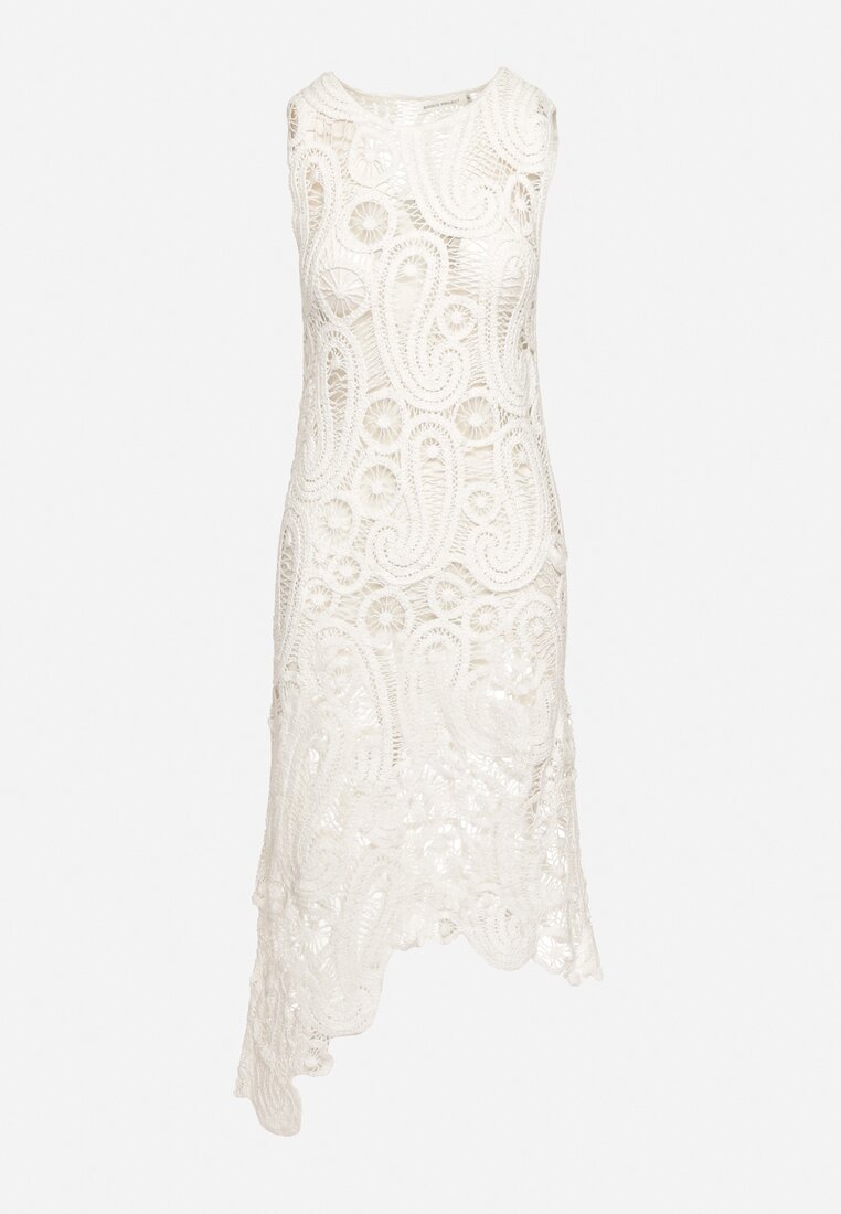 Biała Asymetryczna Bawełniana Sukienka z Koronki Kranea