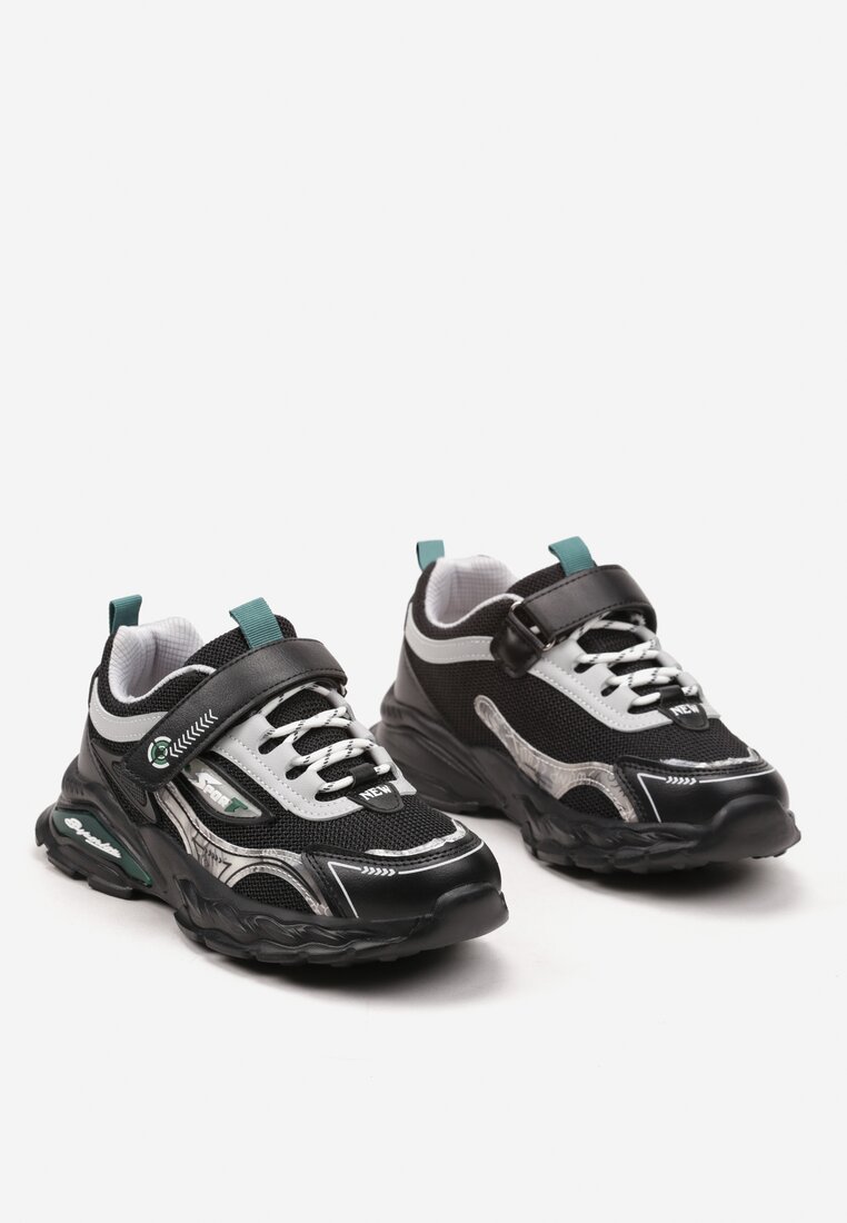 Czarne Płaskie Buty Sportowe Sneakersy na Rzep ze Skórzaną Wkładką i Ozdobnymi Sznurówkami Elzavia