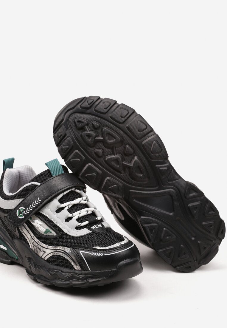 Czarne Płaskie Buty Sportowe Sneakersy na Rzep ze Skórzaną Wkładką i Ozdobnymi Sznurówkami Elzavia