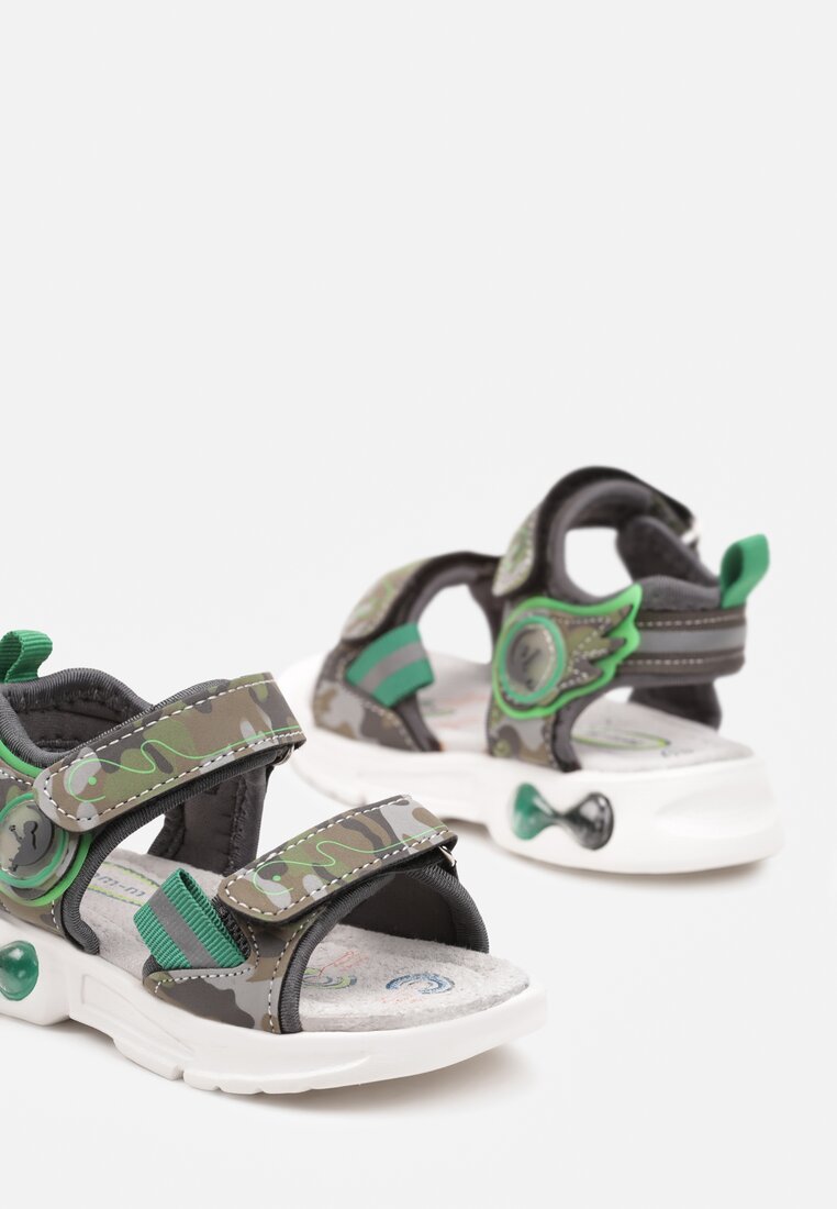 Szaro-Zielone Płaskie Sandały ze Skórzaną Wkładką Zapinane na Rzep z Ledami Tiatis