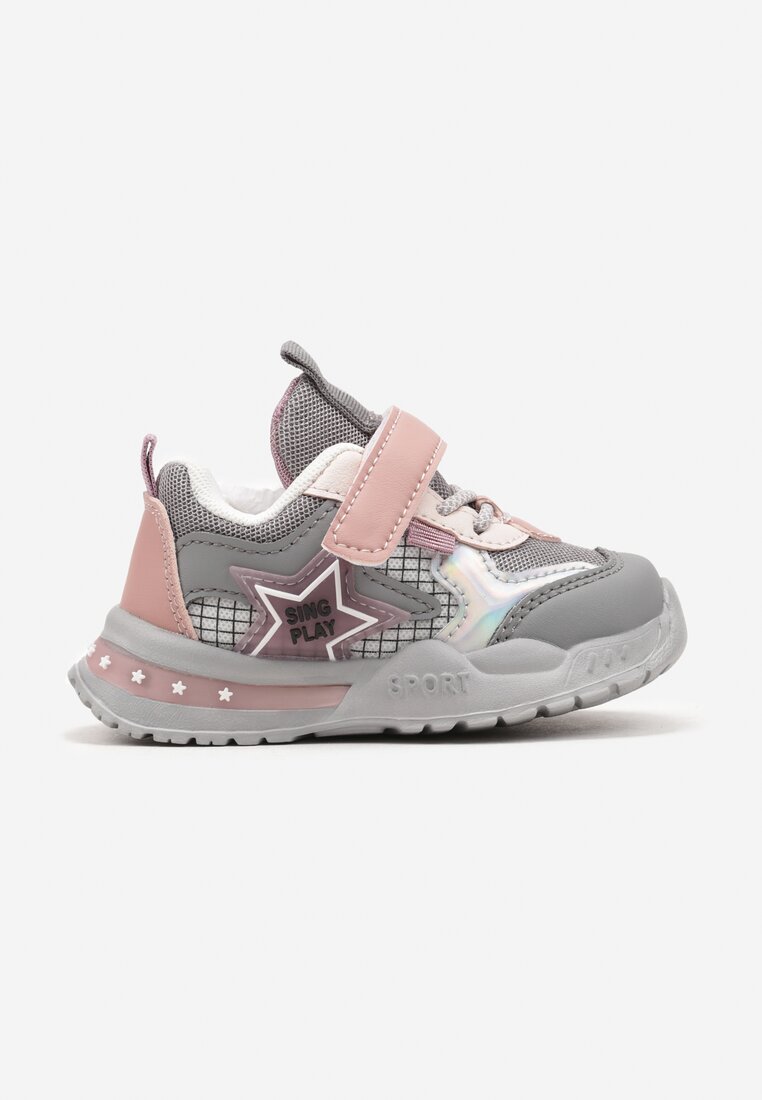 Szaro-Różowe Płaskie Buty Sportowe Sneakersy ze Skórzaną Wkładką na Rzep z Metaliczną Wstawką Tialemas