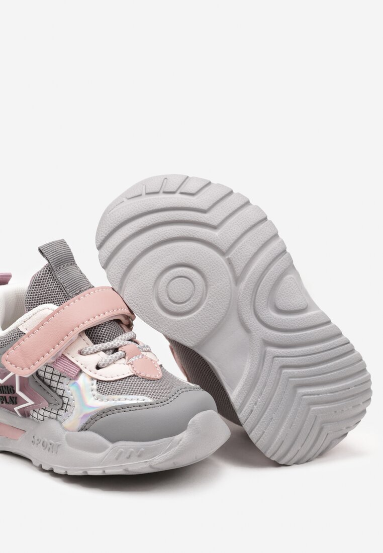Szaro-Różowe Płaskie Buty Sportowe Sneakersy ze Skórzaną Wkładką na Rzep z Metaliczną Wstawką Tialemas