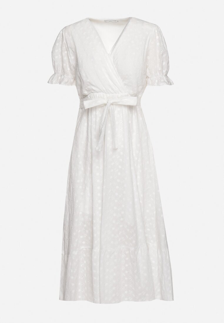 Biała Ażurowa Rozkloszowana Sukienka z Bawełną i Gumką w Talii Brinevia