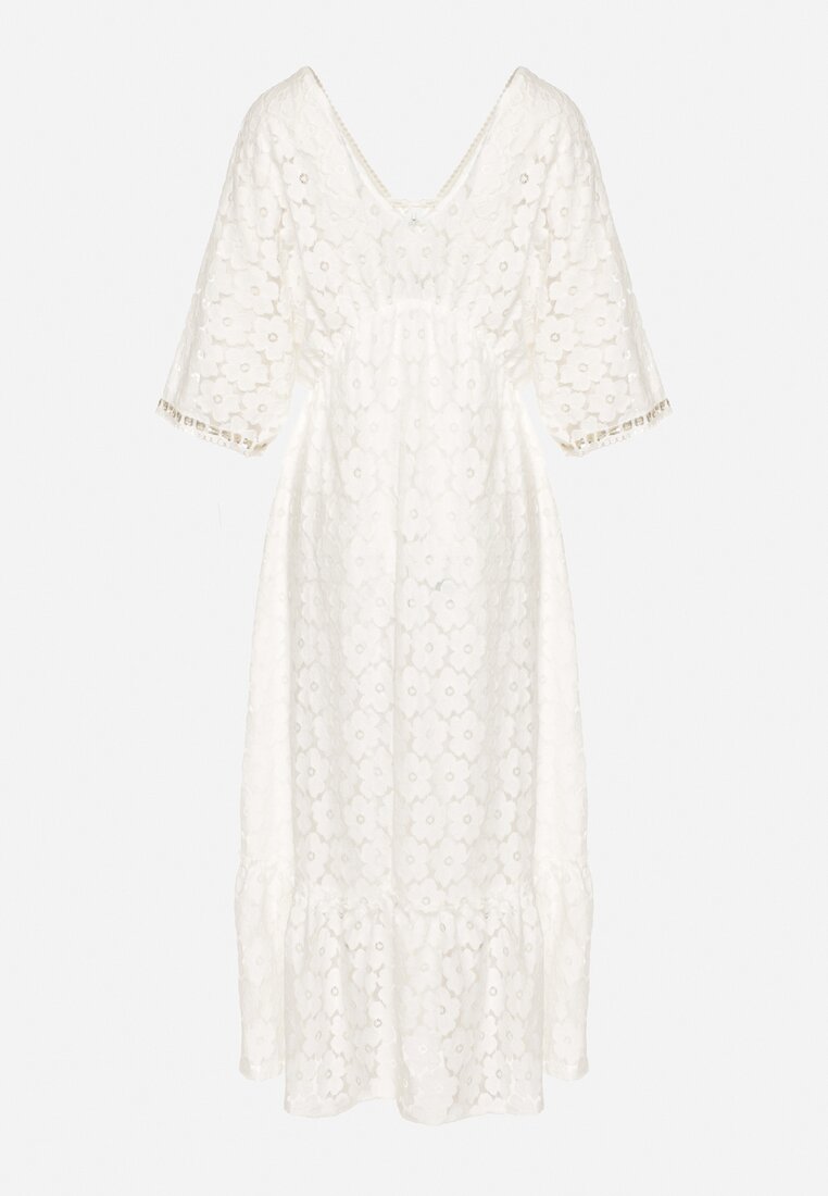 Biała Koronkowa Taliowana Sukienka z Bawełną Gumką w Pasie i Wiązaniem przy Dekolcie Neleavia
