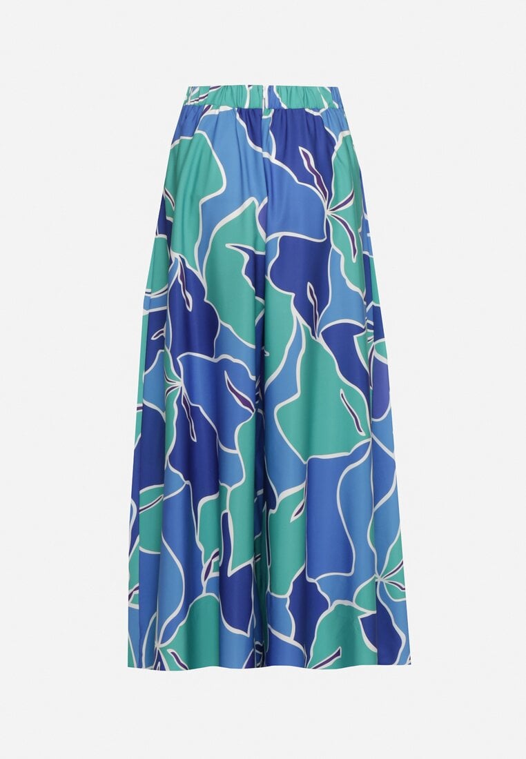 Zielono-Niebieskie Szerokie Wiskozowe Spodnie High Waist z Gumką w Talii Zapinane na Suwak Ditanea