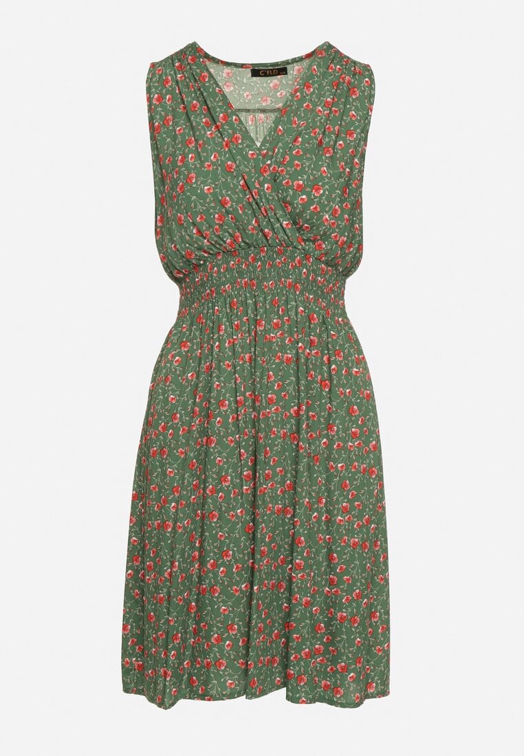 Zielona Wiskozowa Sukienka w Kwiaty z Gumką w Talii i Kopertowym Dekoltem Halevia