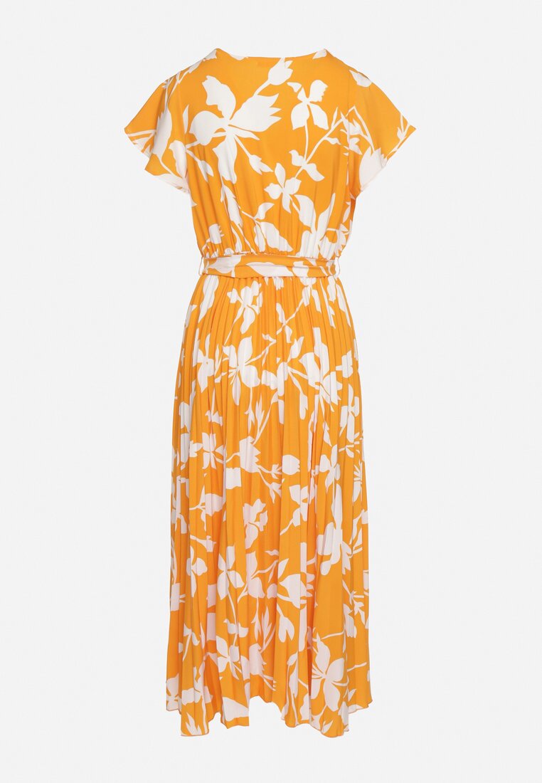 Pomarańczowa Kopertowa Plisowana Sukienka z Gumką i Paskiem w Talii Denevia