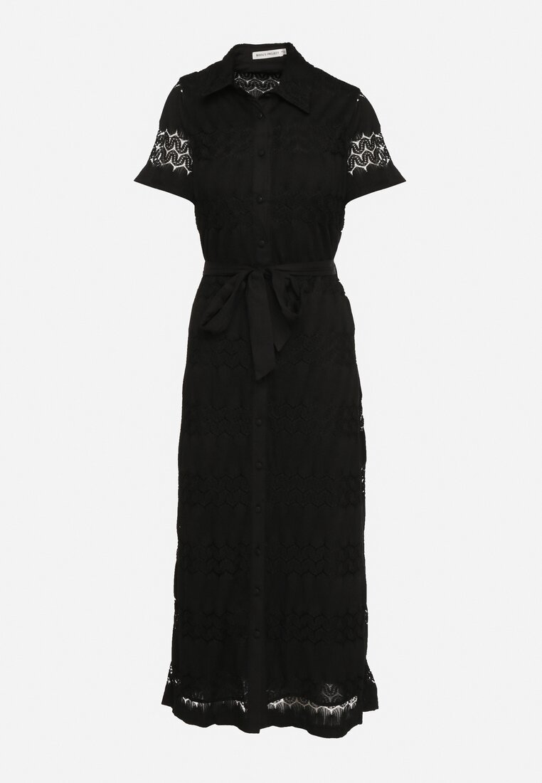 Czarna Koszulowa Sukienka na Guziki z Ażurowym Wzorem Wiązana Paskiem Klarevia