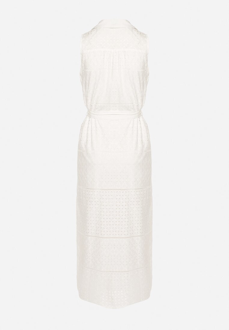 Biała Bawełniana Sukienka Ażurowa o Koszulowym Kroju z Materiałowym Paskiem w Talii Vikiiana