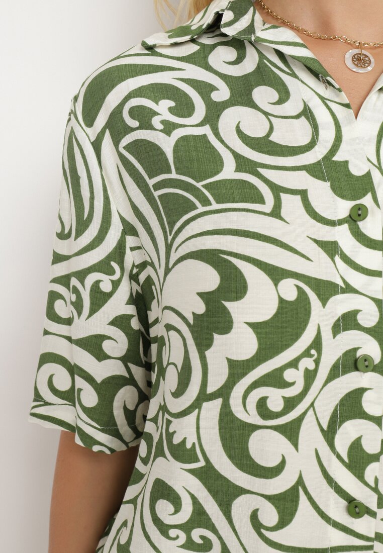 Zielony Wiskozowy Komplet Koszula z Krótkim Rękawem Szorty z Gumką w Talii Tinnitha