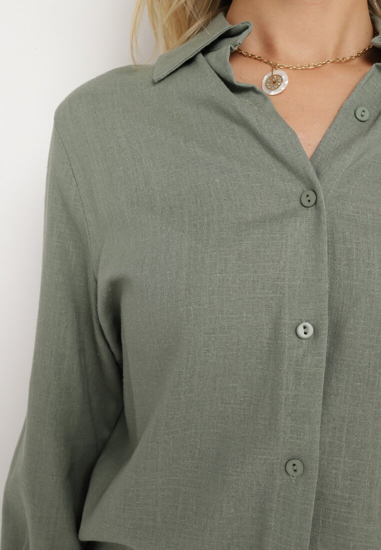 Zielony Komplet z Wiskozy Koszula na Guziki Szerokie Spodnie z Gumką w Pasie Tinasiam