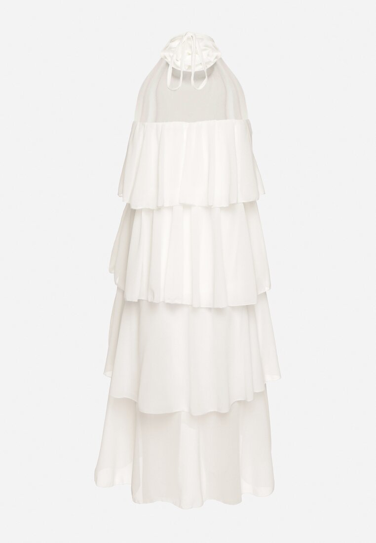 Biała Sukienka z Falbanami Wiązana na Szyi z Broszką Kwiatem Tinallena
