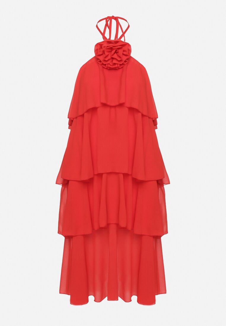 Czerwona Sukienka z Falbanami Wiązana na Szyi z Broszką Kwiatem Tinallena