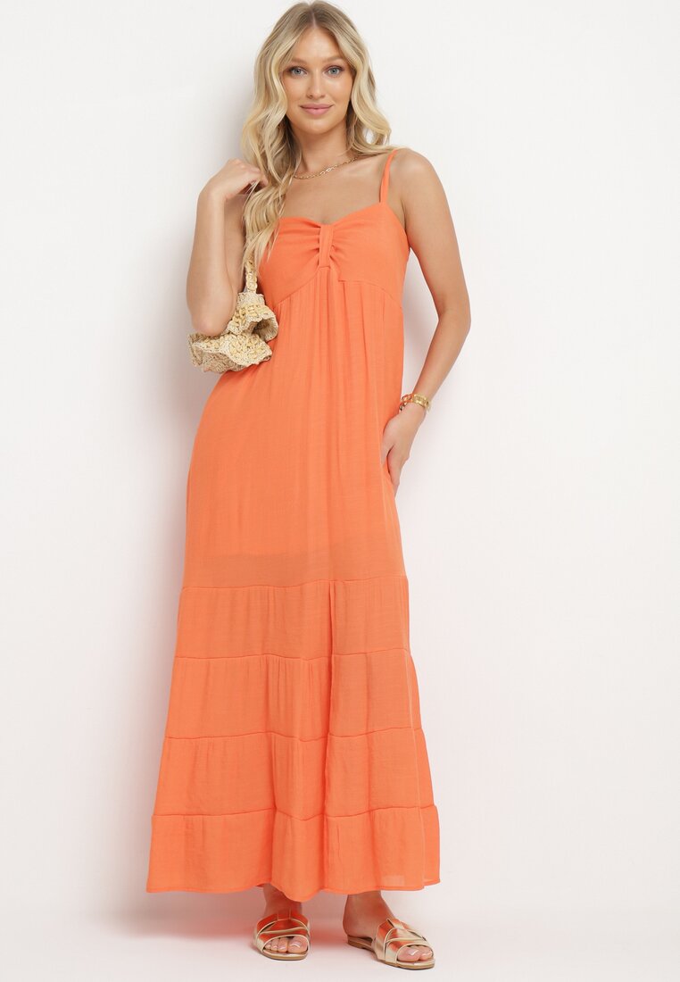 Pomarańczowa Sukienka z Bawełną na Regulowanych Ramiączkach z Elastyczną Gumką na Plecach Tinathias