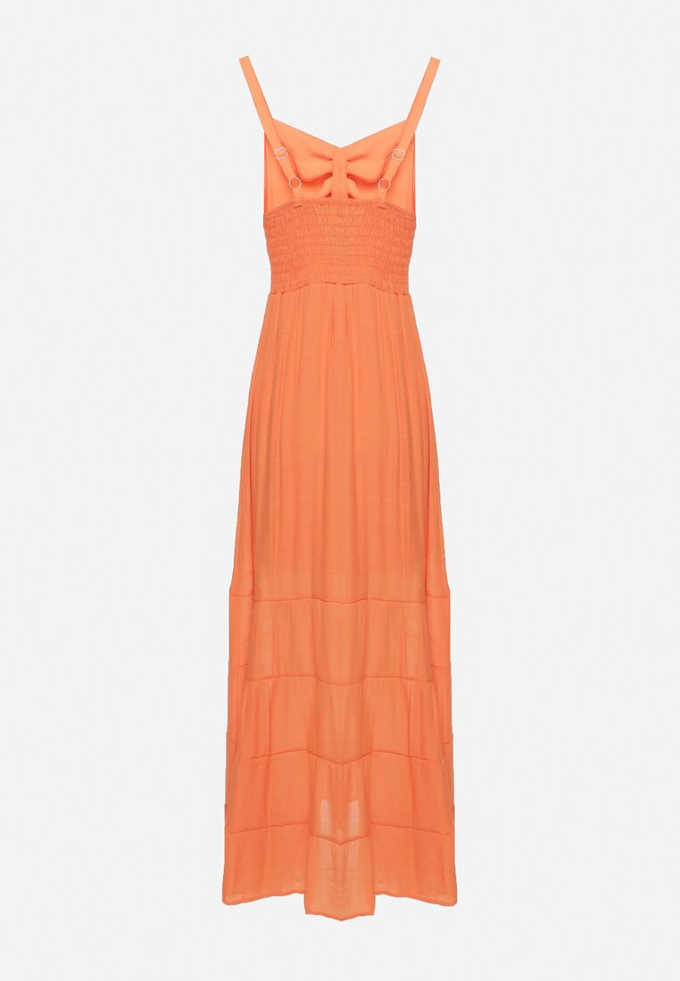 Pomarańczowa Sukienka z Bawełną na Regulowanych Ramiączkach z Elastyczną Gumką na Plecach Tinathias