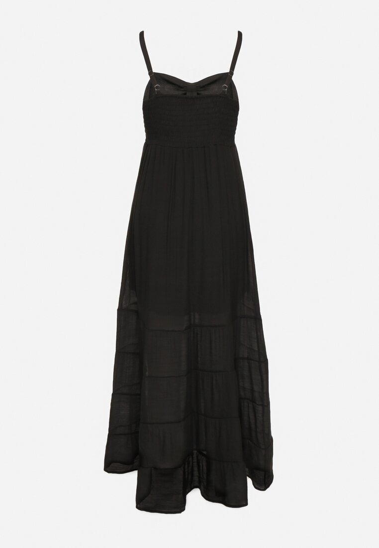 Czarna Sukienka z Bawełną na Regulowanych Ramiączkach z Elastyczną Gumką na Plecach Tinathias