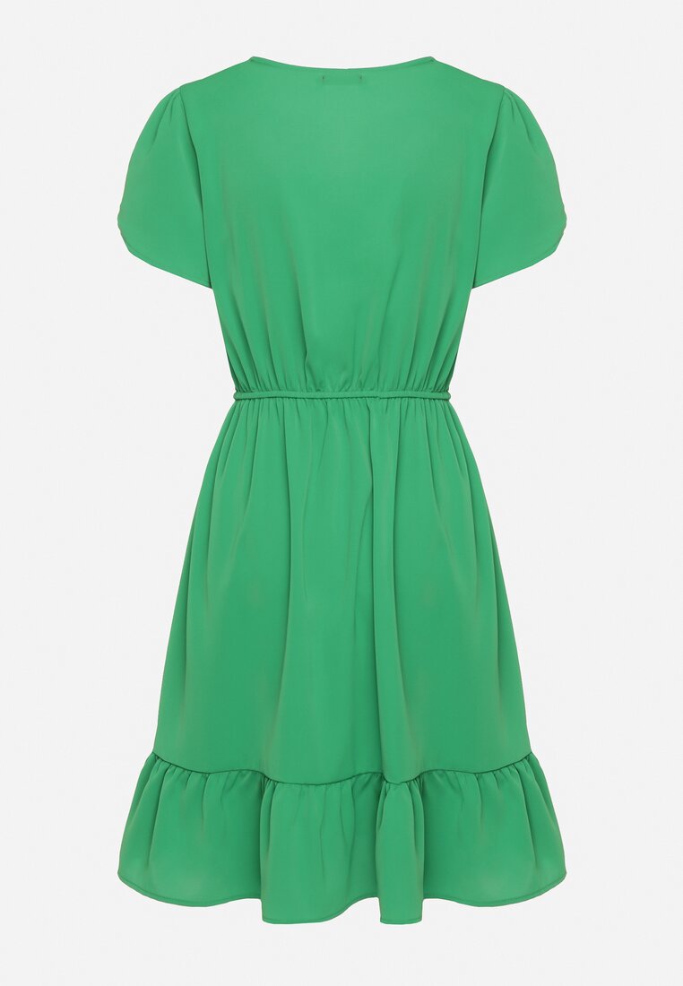 Zielona Rozkloszowana Sukienka z Gumką w Talii i Falbanką Welimia