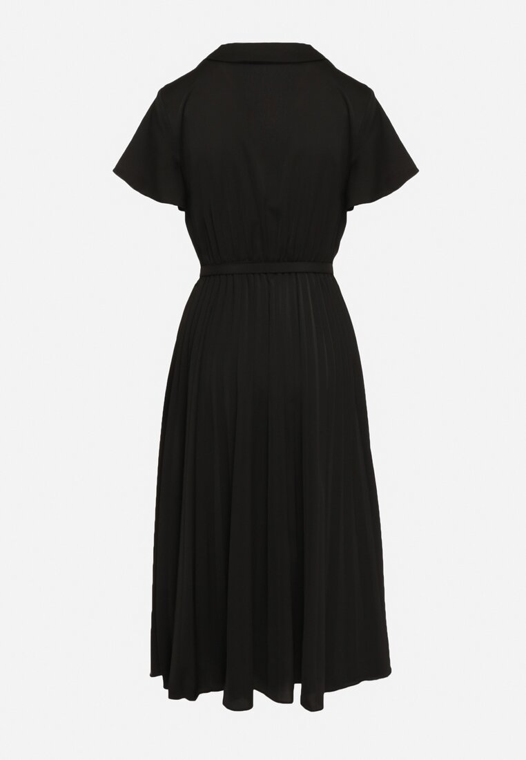 Czarna Rozkloszowana Sukienka z Plisowanym Dołem Paskiem Gumką w Talii i Guzikami Nelvine