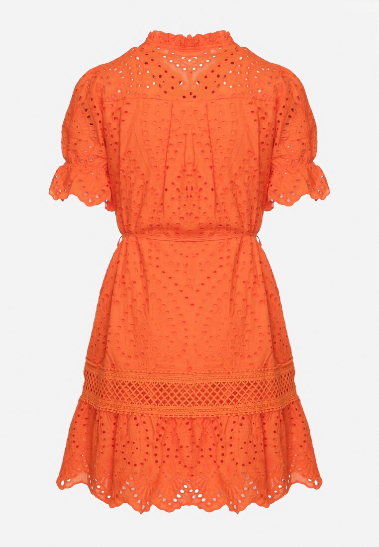 Pomarańczowa Bawełniana Ażurowa Sukienka w Stylu Boho z Falbanką i Paskiem Nelisse