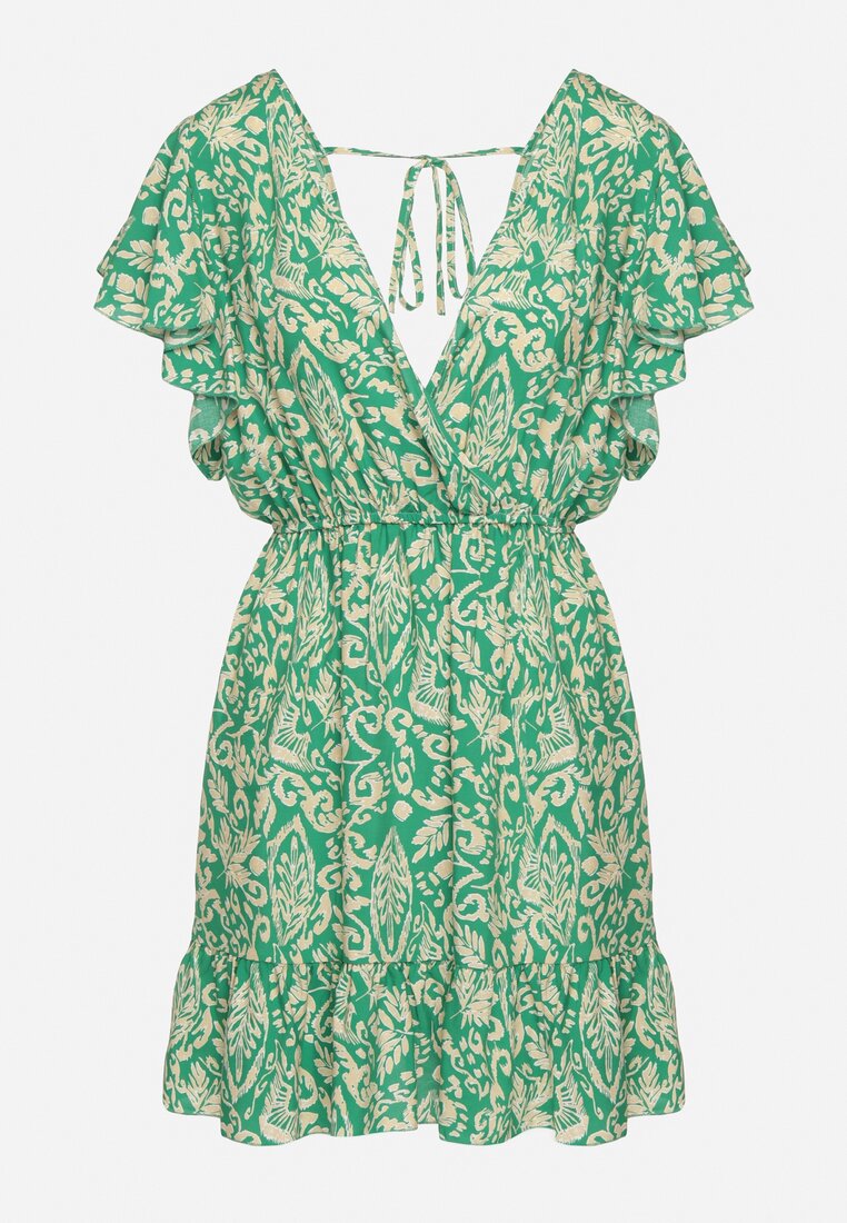Zielona Rozkloszowana Bawełniana Sukienka z Gumką w Talii i Falbanami Nelsea