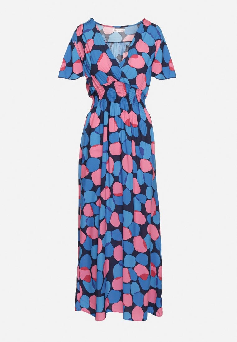 Granatowo-Różowa Kopertowa Taliowana Sukienka z Bawełny w Geometryczny Wzór z Gumką w Pasie Enelsea