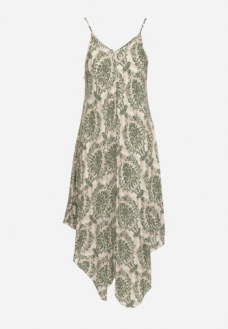 Zielona Asymetryczna Sukienka Bawełniana na Cienkich Regulowanych Ramiączkach Nelyndra