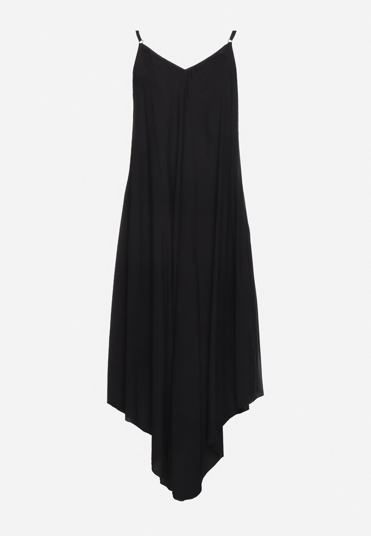 Czarna Sukienka Bawełniana na Regulowanych Ramiączkach z Asymetrycznym Dołem Jemorea