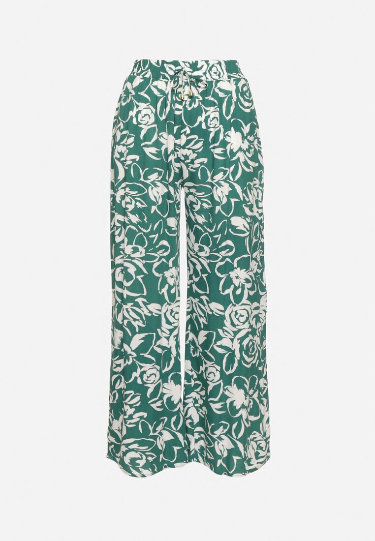 Zielone Kwiatowe Szerokie Spodnie z Wiskozy z Wysokim Stanem Wykończone Gumką w Pasie Fionea