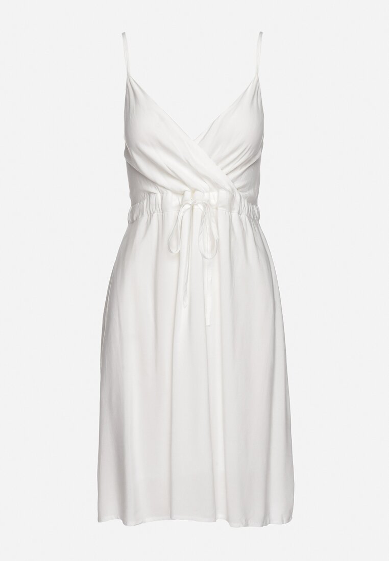 Biała Bawełniana Sukienka na Cienkich Regulowanych Ramiączkach z Kopertowym Dekoltem Pennea