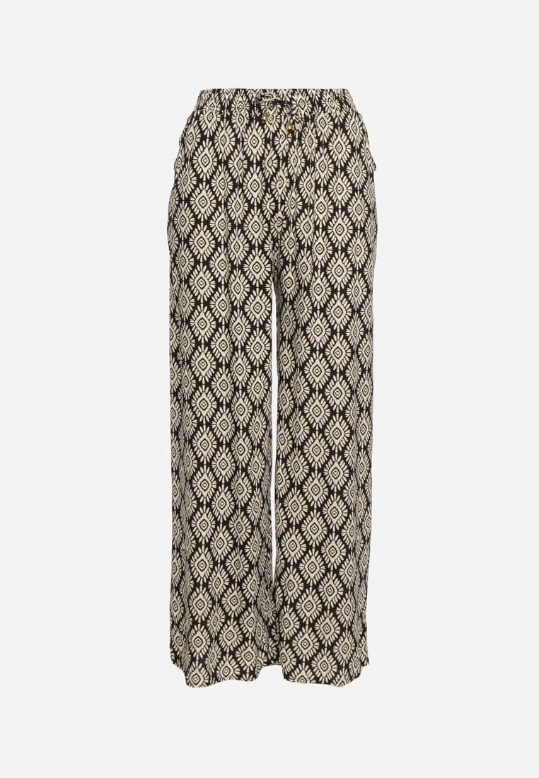 Czarno-Beżowe Wiskozowe Szerokie Spodnie z Wysokim Stanem Gumką w Talii i Geometrycznym Wzorem Rivaenna