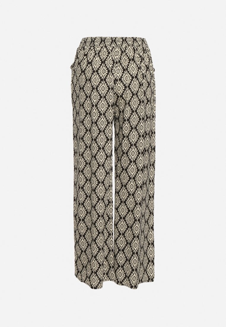 Czarno-Beżowe Wiskozowe Szerokie Spodnie z Wysokim Stanem Gumką w Talii i Geometrycznym Wzorem Rivaenna