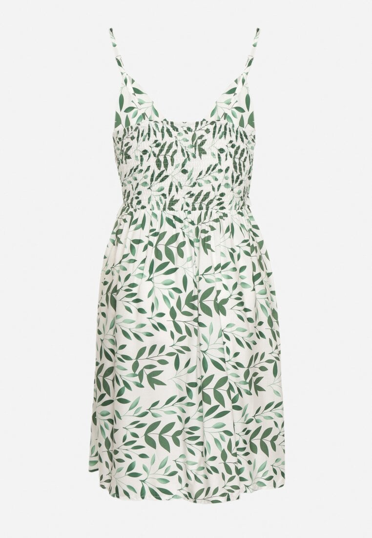 Biało-Zielona Bawełniana Sukienka Kopertowa na Regulowanych Ramiączkach ze Ściągaczami Renena