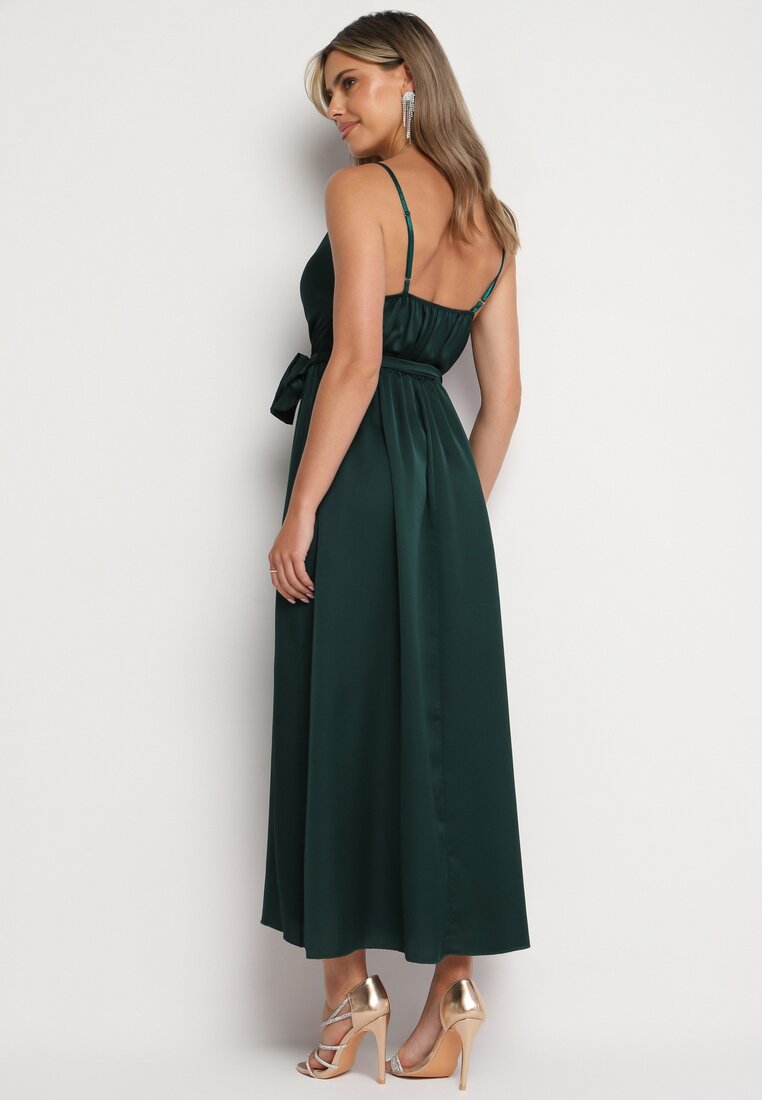 Ciemnozielona Taliowana Sukienka Koktajlowa na Ramiączkach z Rozcięciem u Dołu Aladea