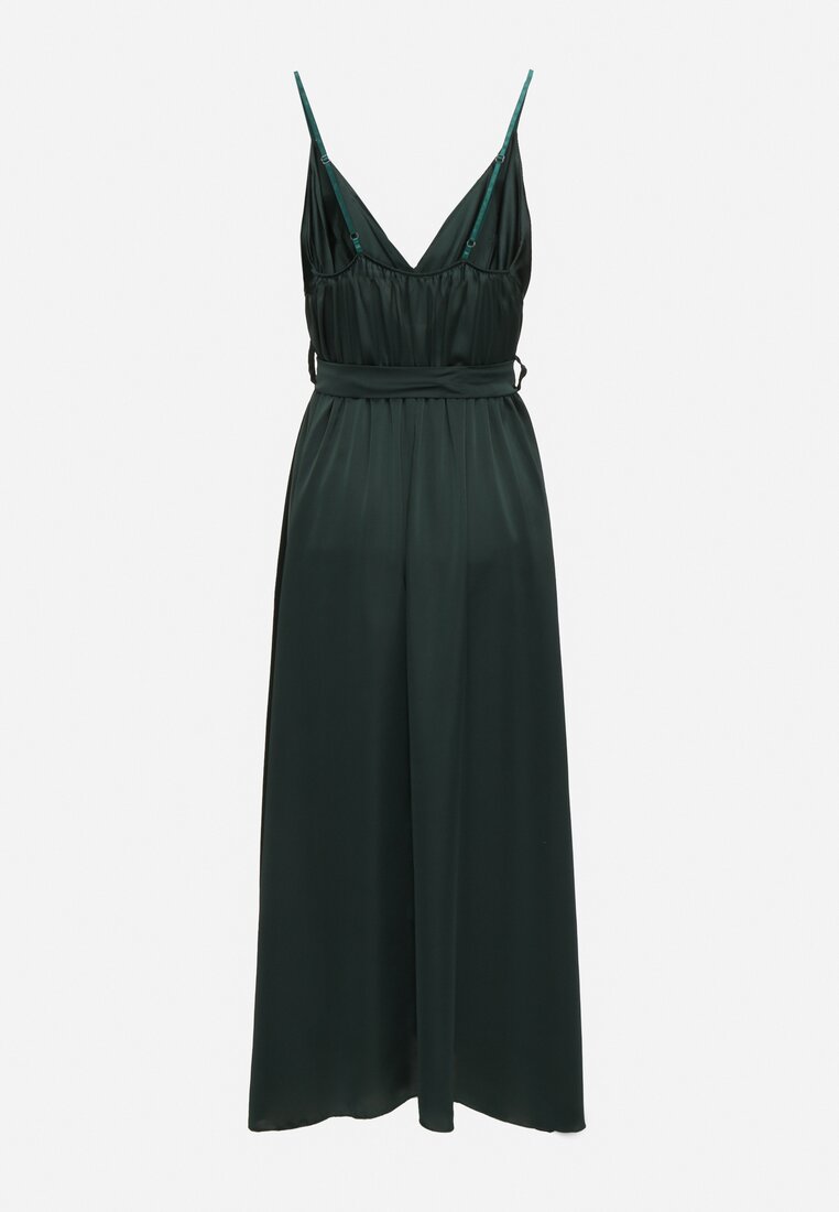 Ciemnozielona Taliowana Sukienka Koktajlowa na Ramiączkach z Rozcięciem u Dołu Aladea