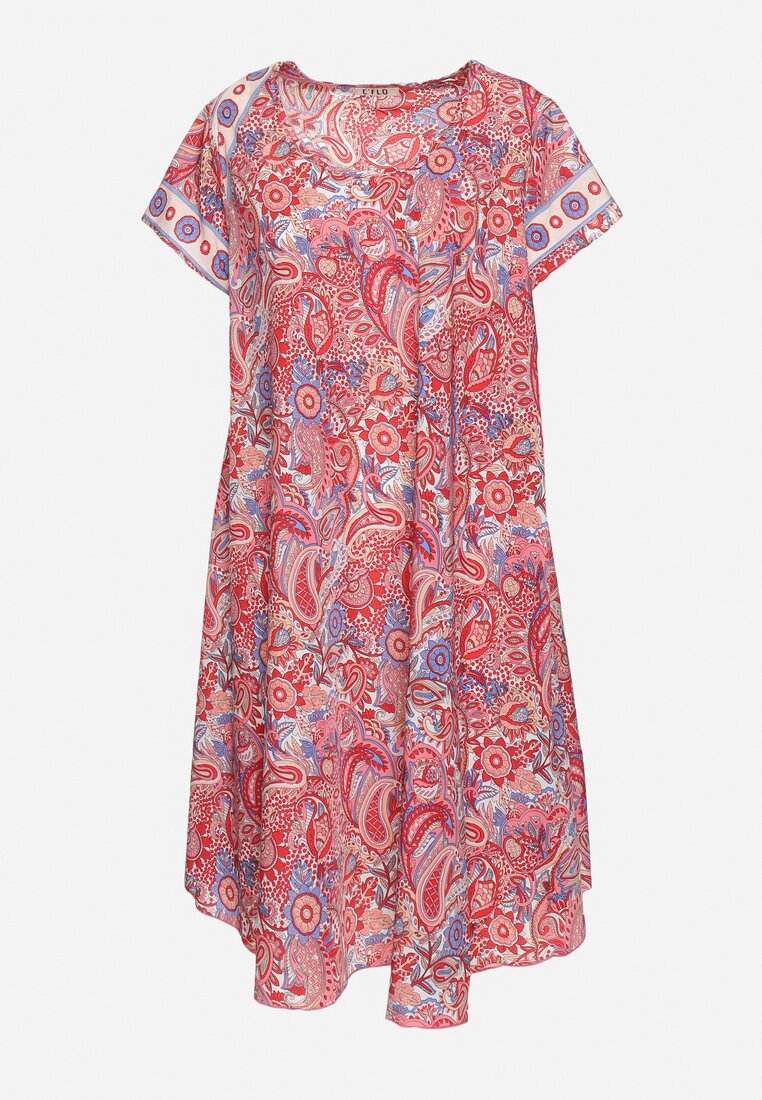 Czerwono-Niebieska Wiskozowa Sukienka o Rozkloszowanym Kroju w Stylu Boho Melnea