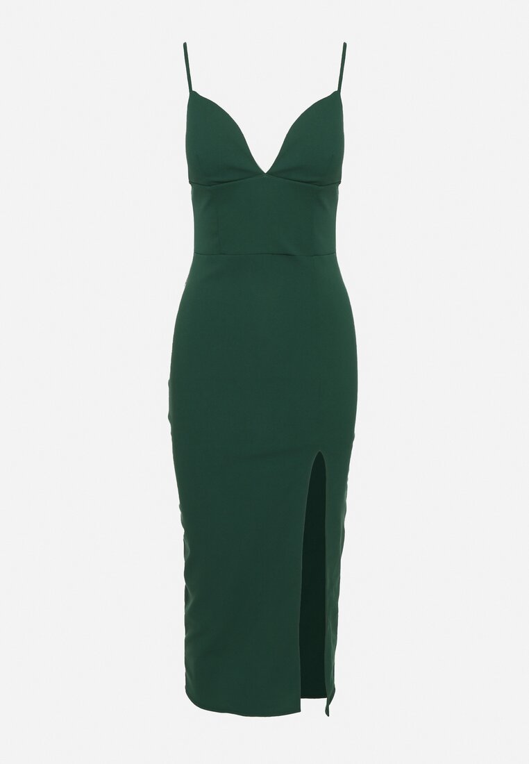 Zielona Koktajlowa Sukienka Midi z Głębokim Dekoltem na Ramiączkach Mineria