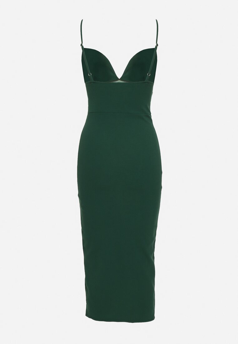 Zielona Koktajlowa Sukienka Midi z Głębokim Dekoltem na Ramiączkach Mineria