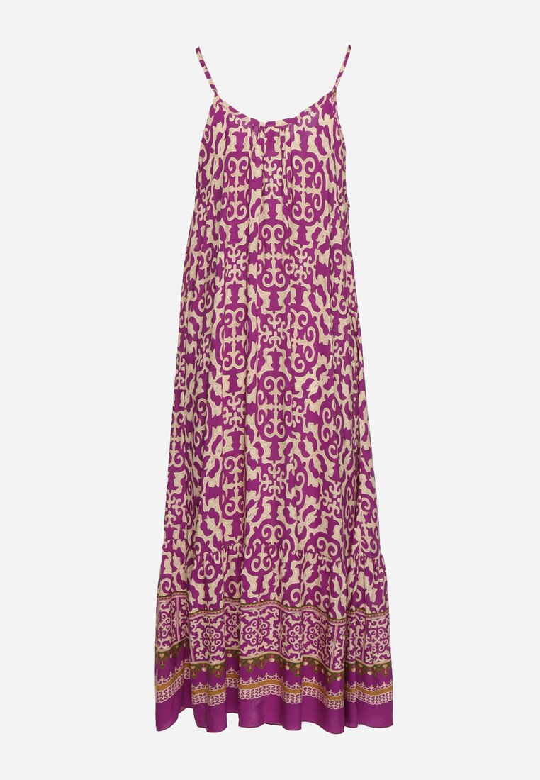 Fioletowa Bawełniana Sukienka o Rozkloszowanym Kroju na Cienkich Ramiączkach Nellarra
