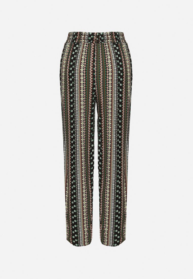Ciemnozielone Bawełniane Spodnie z Szerokimi Nogawkami Wysokim Stanem i Gumką w Talii Elnea