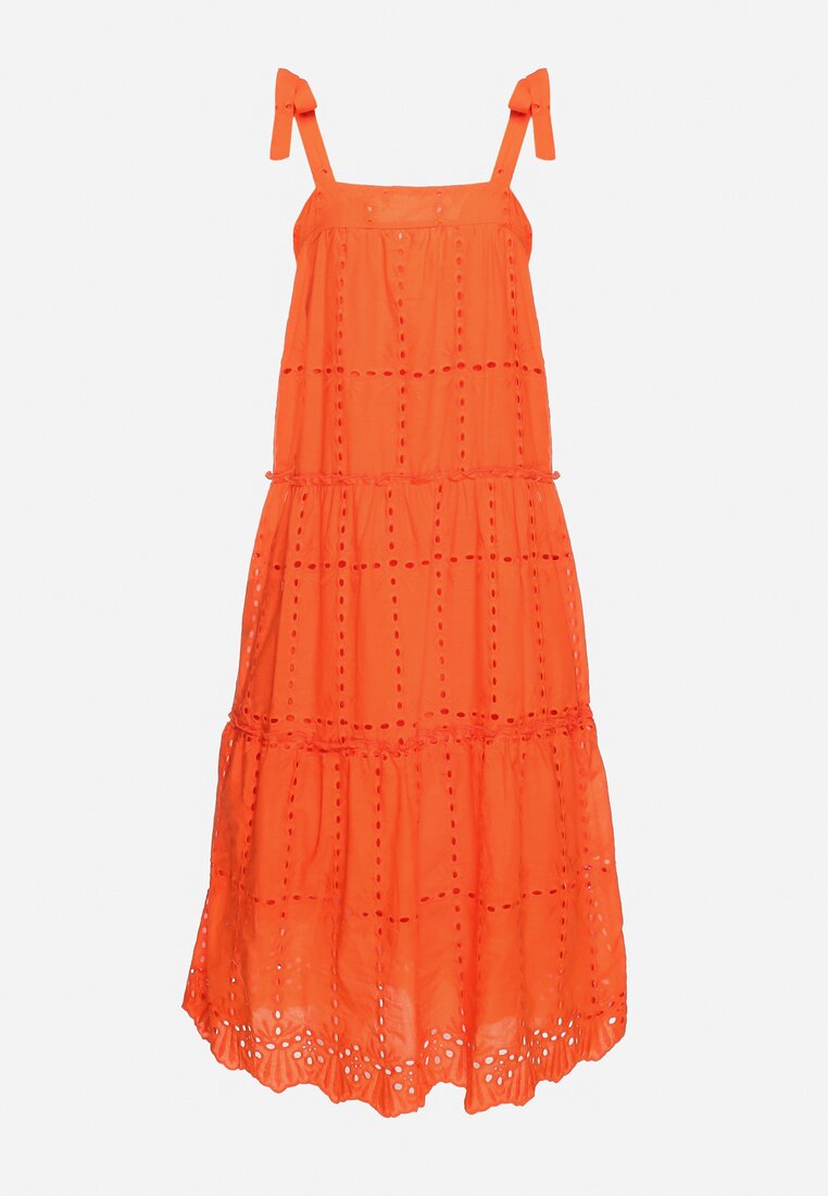 Pomarańczowa Bawełniana Sukienka z Ozdobnym Haftem na Ramiączkach z Kokardkami Quonea