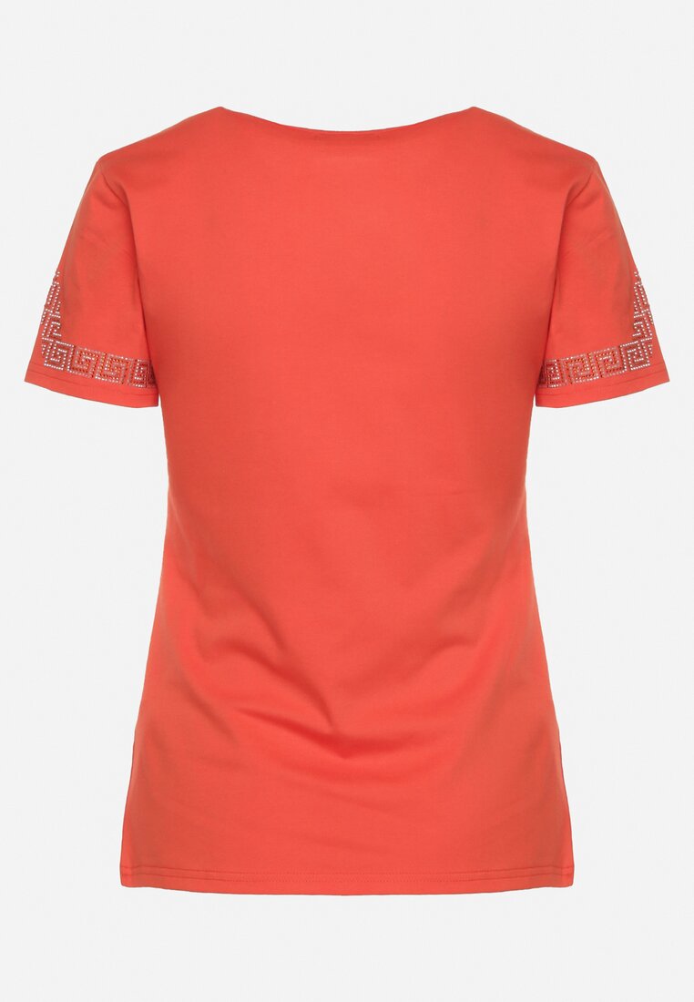 Pomarańczowy Bawełniany T-shirt z Krótkim Rękawem i Dekoltem w Serek Ozdobiony Cyrkoniami Nellarinda